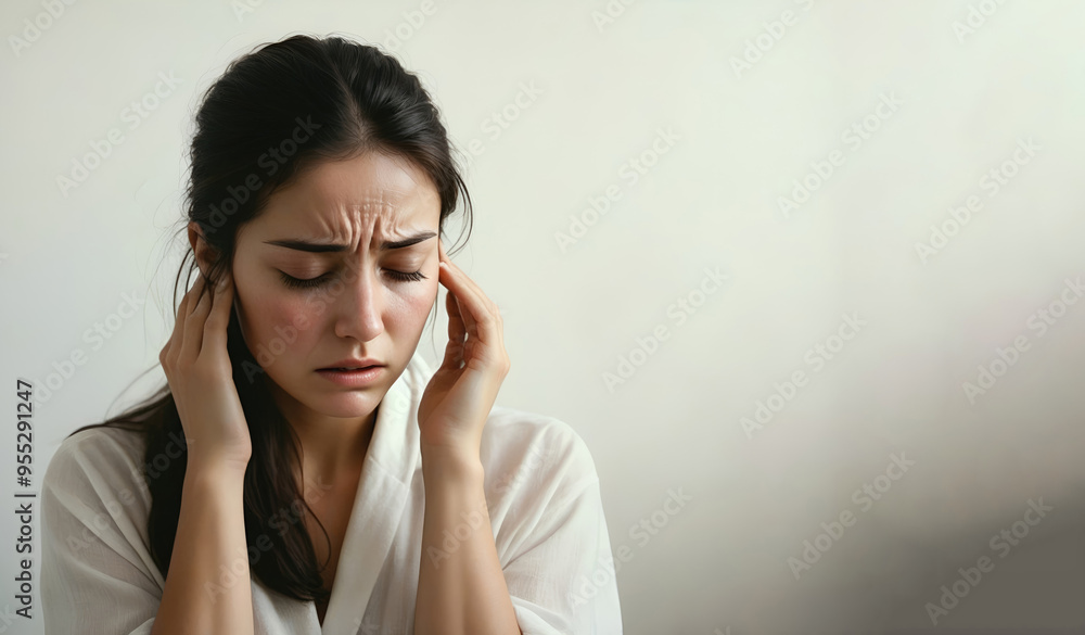 Woman suffering from stress, migraine or a headache grimacing in pain Woman suffering from stress, migraine or a headache grimacing in pain