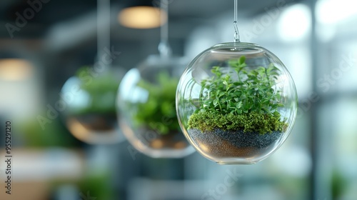 Glass terrarium decorated with geometric patterns such as dots and containing natural moss, rustic elegant elements, that appear more aesthtetic in modern hanging setup. photo