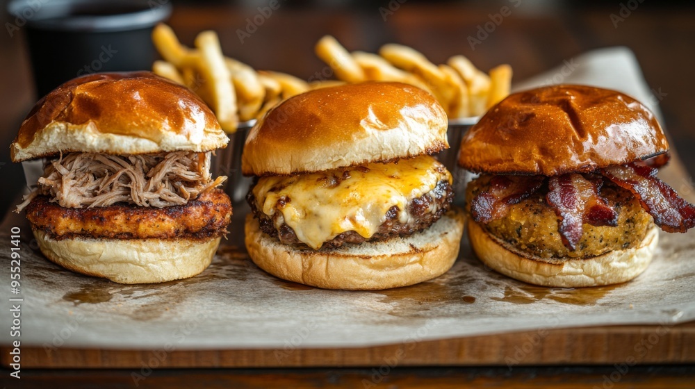 Three sliders with cheese and bacon, pulled pork and a crab cake served on buns, with a side of fries Three sliders with cheese and bacon, pulled pork and a crab cake served on buns, with a side of fries