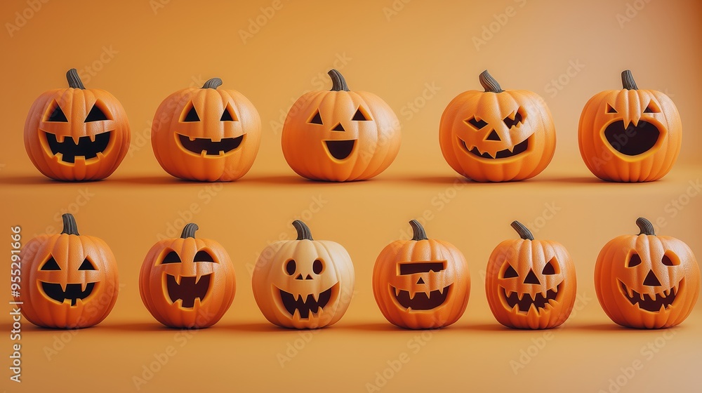 Cute and Funny Carved Halloween Pumpkins on Orange Background Cute and Funny Carved Halloween Pumpkins on Orange Background