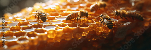 working bees on honey cells photo