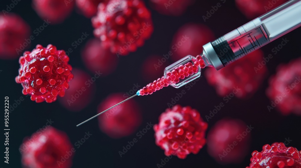 A close-up view of a syringe injecting a vibrant red substance, surrounded by virus-like spheres, symbolizing medical advancement. A close-up view of a syringe injecting a vibrant red substance, surrounded by virus-like spheres, symbolizing medical advancement.