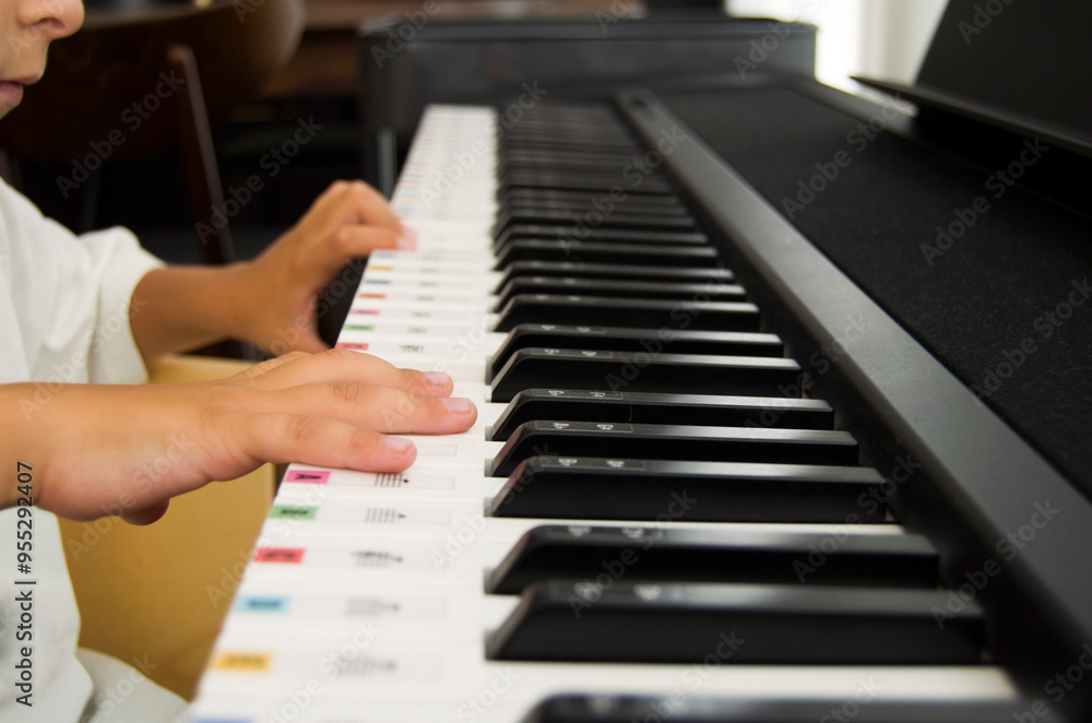 Fototapeta premium Little boy playing piano in living room. 