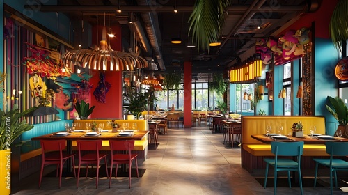 A vibrant restaurant interior with dynamic themes and 3D-rendered decor