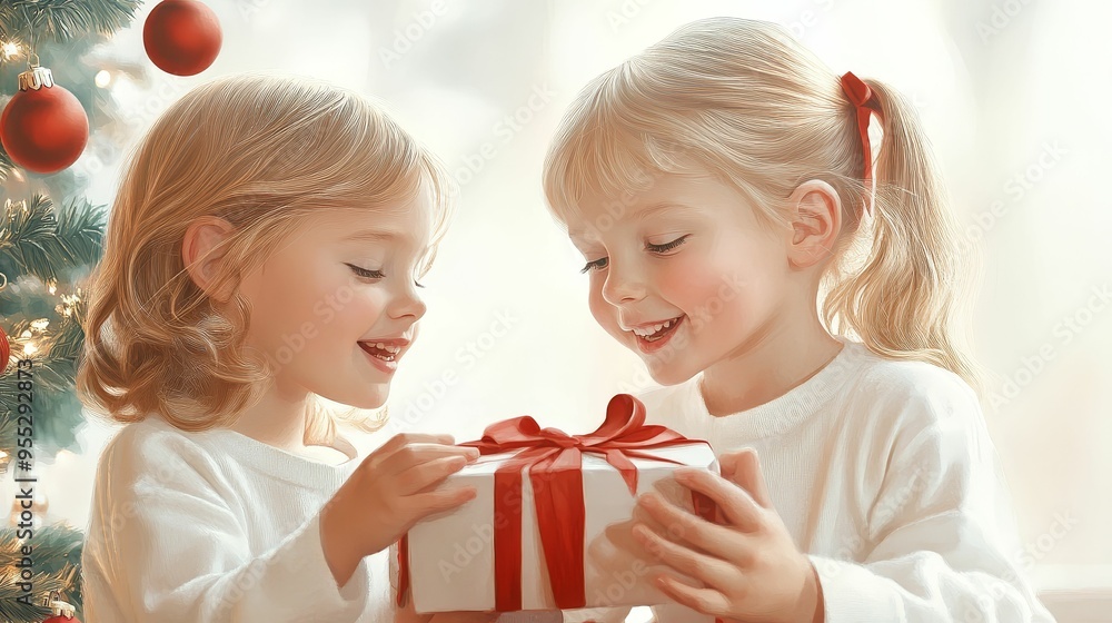Children unwrapping presents under the Christmas tree, joyful expressions, bright ornaments, classic family celebration Children unwrapping presents under the Christmas tree, joyful expressions, bright ornaments, classic family celebration