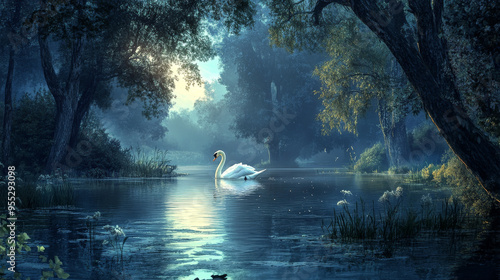 Fototapeta Naklejka Na Ścianę i Meble -  Evening on the river in the forest and swan 