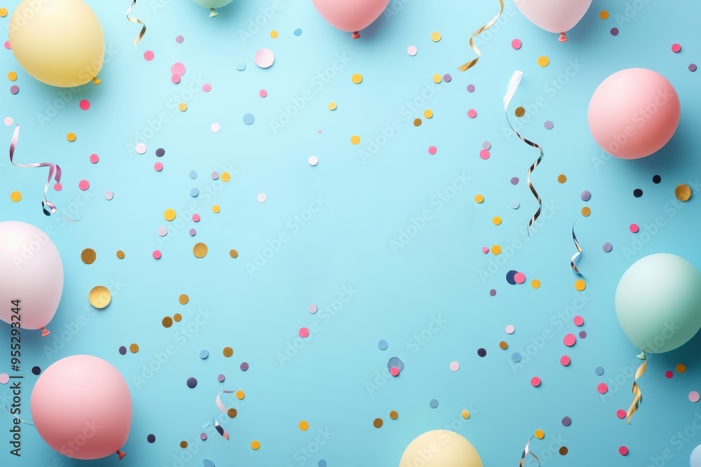 Happy birthday background with balloons and confetti on blue background with copy space. Happy birthday background with balloons and confetti on blue background with copy space.