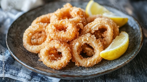 A serving of calamares a la romana, deep-fried squid rings, garnished with lemon wedges and served on a vintage plate photo