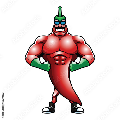 cartoon character of muscular man, red chili pepper 3