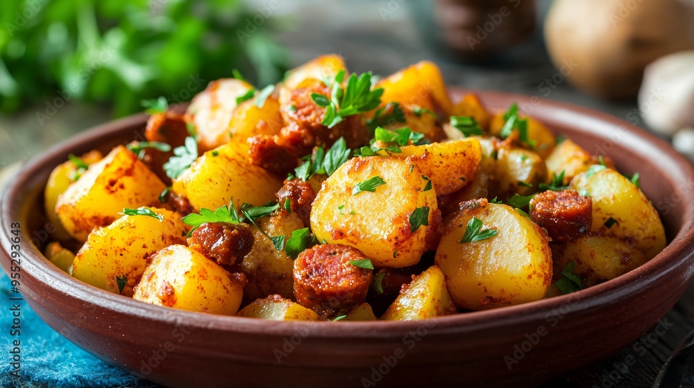 A serving of patatas a la riojana, potatoes with chorizo in a rich paprika sauce, garnished with fresh parsley A serving of patatas a la riojana, potatoes with chorizo in a rich paprika sauce, garnished with fresh parsley