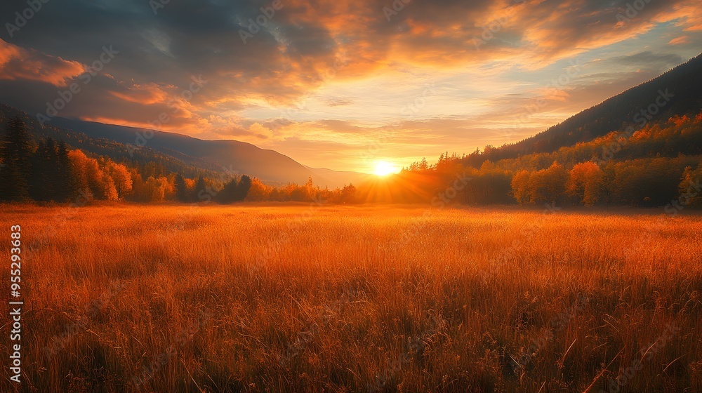 Fototapeta premium A wide meadow with tall grasses turning golden brown, bordered by dense autumn woods, with distant mountains framed by a deep orange sunset