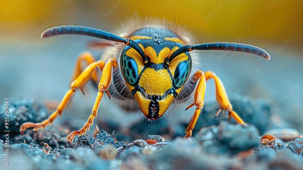 Close-up photograph of a vividly colored insect with intricate patterns on its face and body, displaying detailed textures and striking colors in a natural outdoor setting Close-up photograph of a vividly colored insect with intricate patterns on its face and body, displaying detailed textures and striking colors in a natural outdoor setting