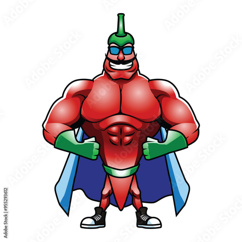 cartoon character of muscular man, superhero red chili pepper 1
