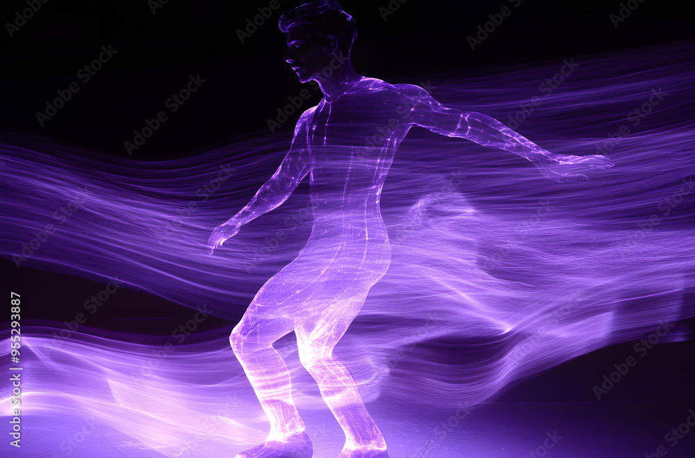 “A Figure Dancing in the Dark Surrounded by Waves of Purple and Blue Light, Capturing the Essence of Movement, Energy, and Expression in a Mystical and Dreamlike Atmosphere, Perfect for Themes of Arti “A Figure Dancing in the Dark Surrounded by Waves of Purple and Blue Light, Capturing the Essence of Movement, Energy, and Expression in a Mystical and Dreamlike Atmosphere, Perfect for Themes of Arti