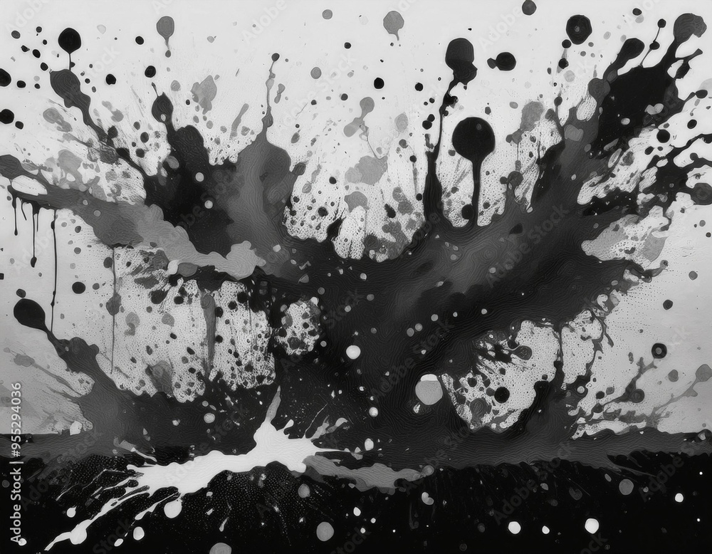 Fototapeta premium Chaotic Ink Drops Splattered Black Abstract Liquid Texture on White Background