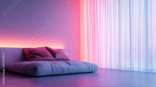 A stylish room boasting contemporary design elements, including pink lighting, soft bedding, and a clean, minimalist aesthetic that evokes tranquility and comfort.