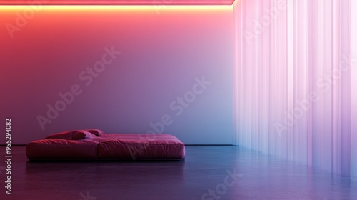 A contemporary bedroom with a minimalist design, featuring a comfortable bed, unique pink and blue lighting, and a spacious, uncluttered environment. photo