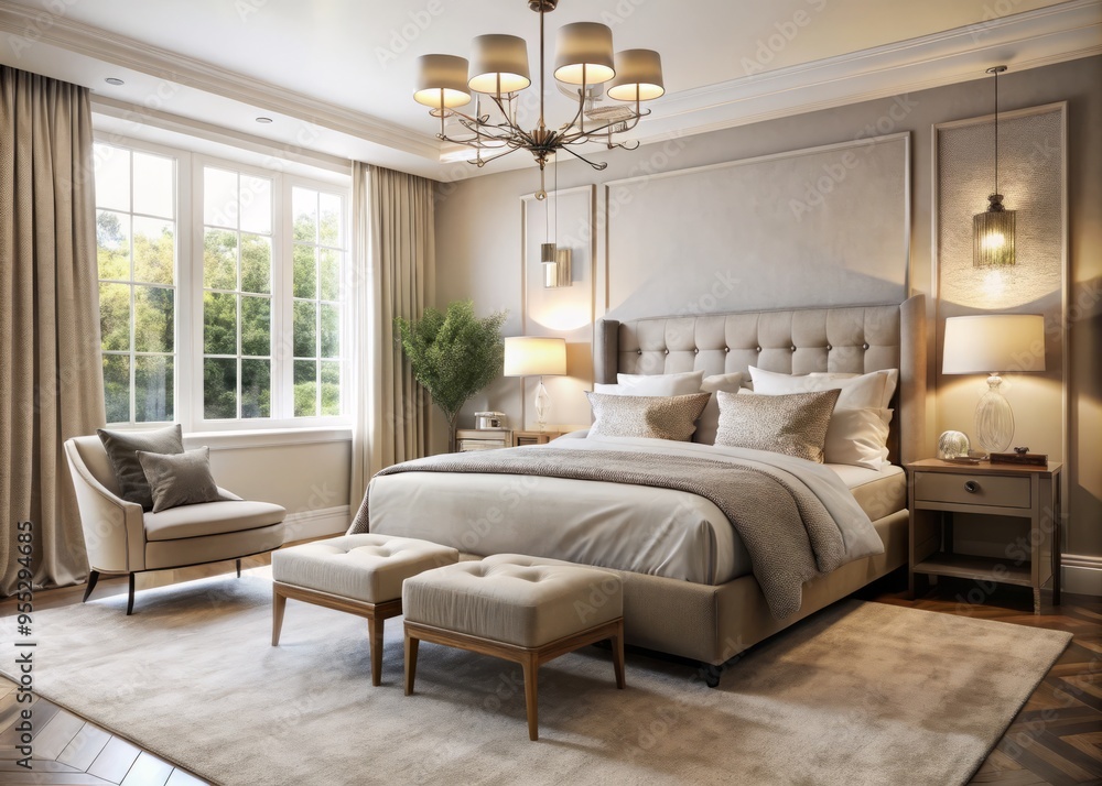 Soft furnishings in calming hues envelop this serene bedroom, fostering a peaceful atmosphere where worries fade away. Soft furnishings in calming hues envelop this serene bedroom, fostering a peaceful atmosphere where worries fade away.