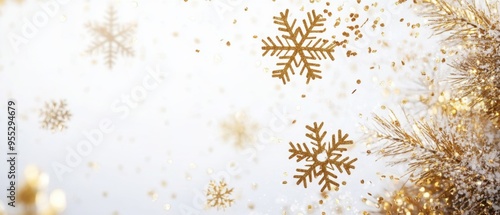 white christmas background with snowflakes and gold sequins