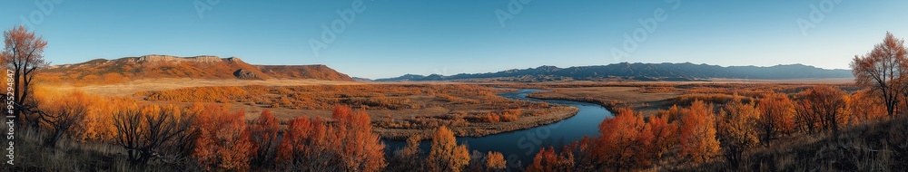 Naklejka premium Wide Autumn River Bend with Mountains in Background