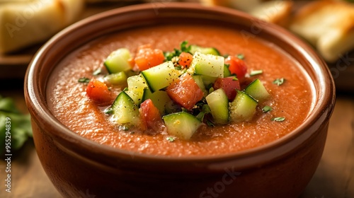 Classic gazpacho soup in a terracotta bowl, garnished with diced cucumber, bell pepper, and croutons