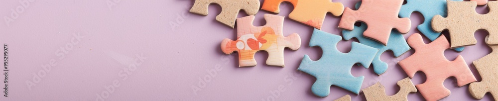 Fototapeta premium Bright and Colorful Puzzle Pieces Flat Lay on Purple Background Representing Problem-Solving and Teamwork