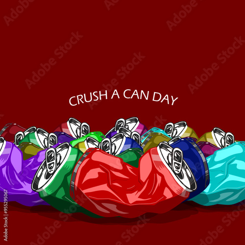 National Crush a Can Day event banner. Beer cans of varying colors are crushed on dark red background to celebrate on September 27th