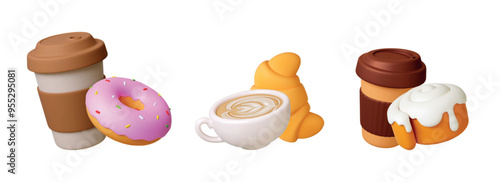 Coffee breakfast 3d. To go mug and pastry. Take away bakery food, americano cappuccino espresso. Croissant donut and bun roll, vector realistic elements