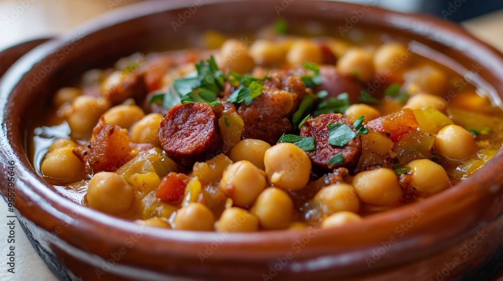 Traditional cocido madrileno with chickpeas, chorizo, and pork, served in a large ceramic bowl Traditional cocido madrileno with chickpeas, chorizo, and pork, served in a large ceramic bowl