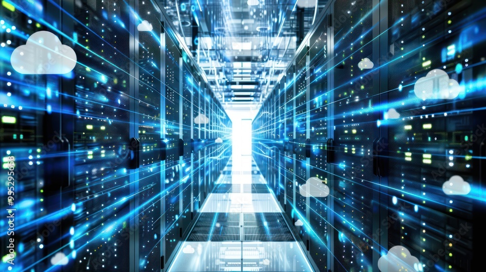 Data Center with Cloud Computing Illustration Data Center with Cloud Computing Illustration