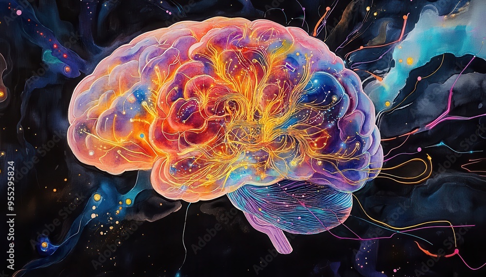 Obraz premium Glowing Watercolor Brain: Fusion of Imagination and Artificial Intelligence
