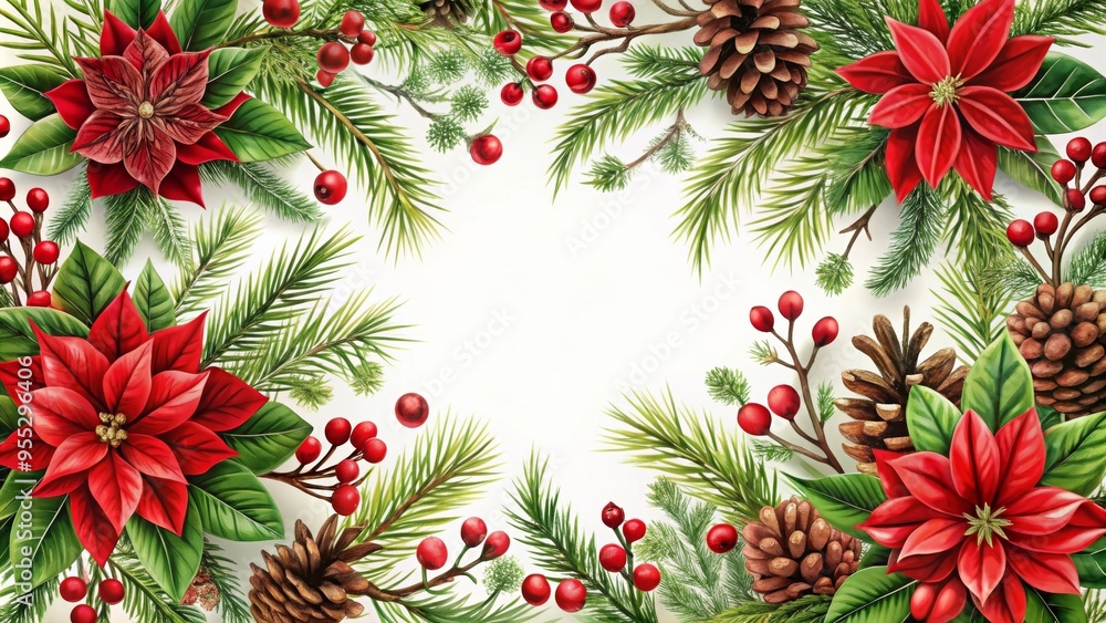 Naklejka premium Festive Holiday Border with Poinsettia Flowers, Pine Needles, and Red Berries on Beige Background