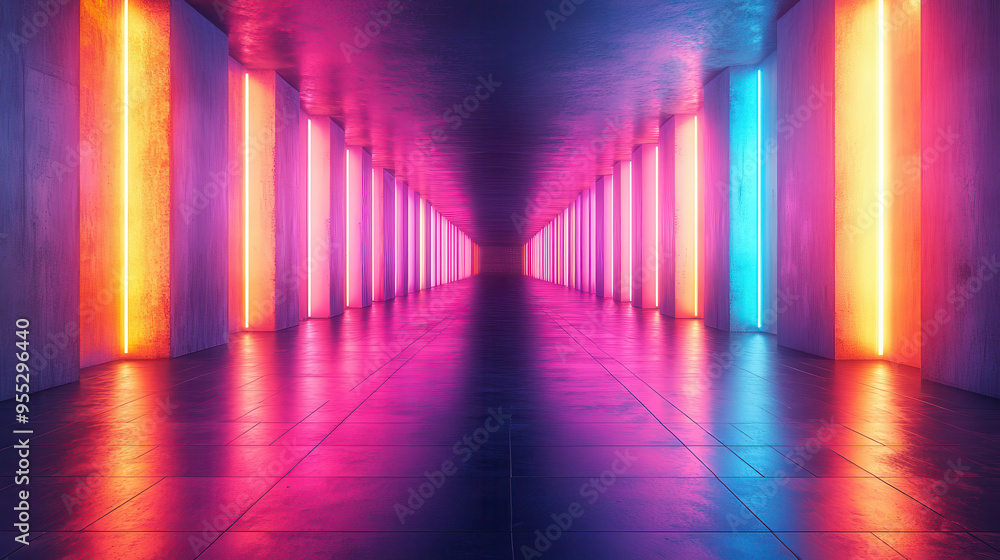 A long, symmetrical hallway lined with vibrant neon lights in a spectrum of colors, creating a striking and futuristic ambiance A long, symmetrical hallway lined with vibrant neon lights in a spectrum of colors, creating a striking and futuristic ambiance