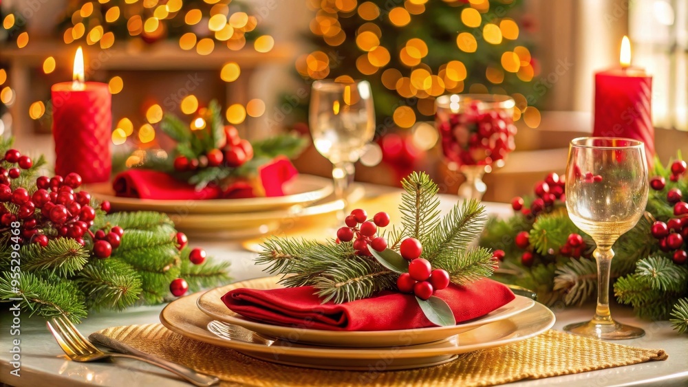 Elegant Christmas Table Setting with Red Candles, Pine Branches, and Festive Berries Decor Elegant Christmas Table Setting with Red Candles, Pine Branches, and Festive Berries Decor