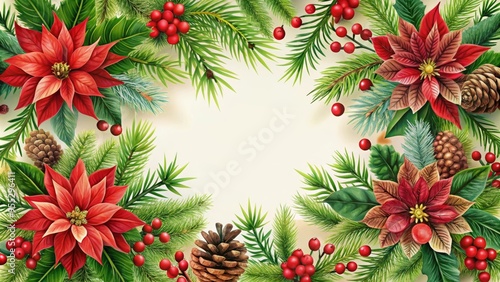 Beautiful Christmas Frame with Red Poinsettias, Pine Cones, Berries, and Evergreen Branches