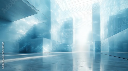 ethereal corporate atrium soaring glass ceiling bathed in soft blue light creating an otherworldly atmosphere geometric patterns and floating translucent panels suggest futuristic innovation