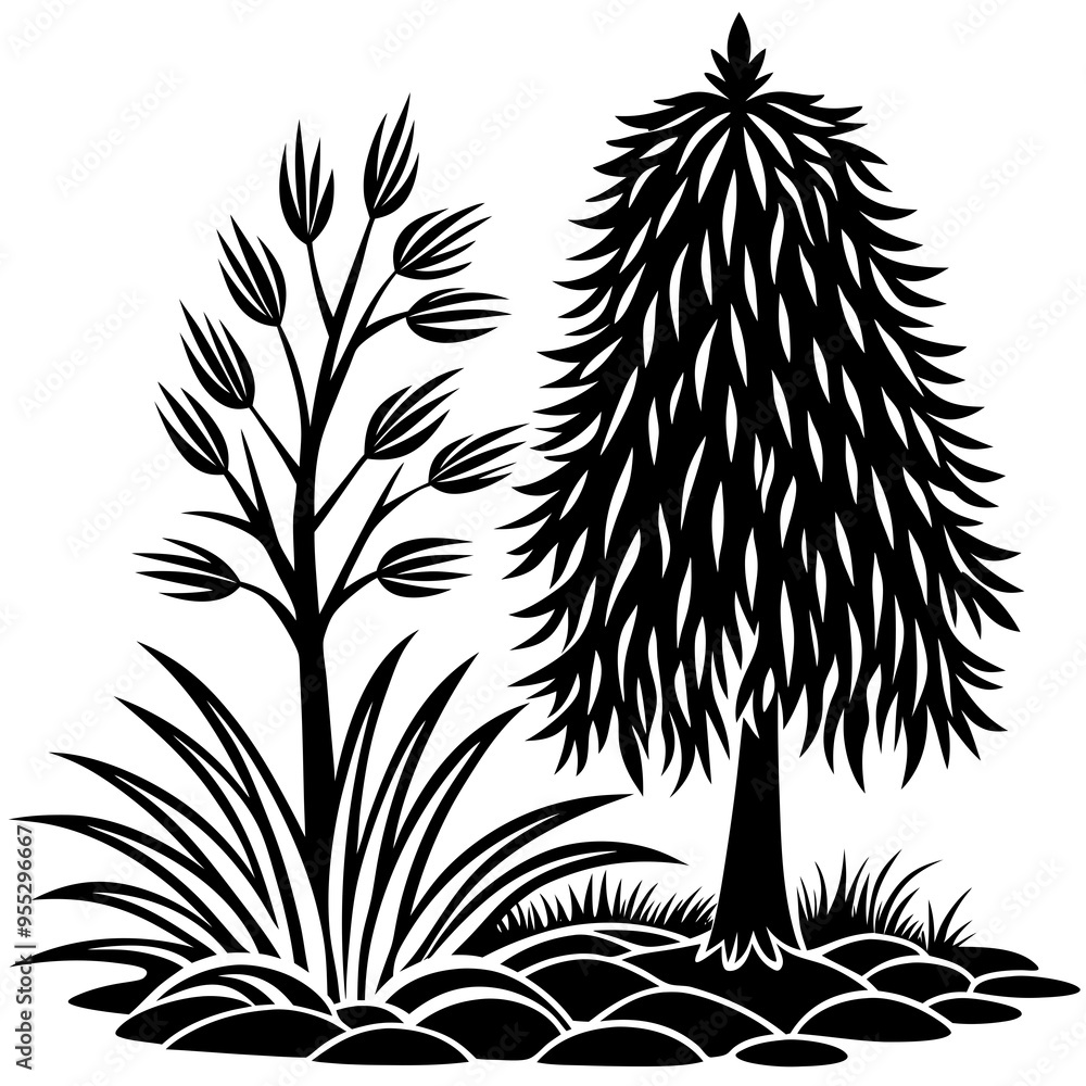 Obraz premium Minimalist Vector Art Pine Tree, Willow Tree, and Flowing Grass