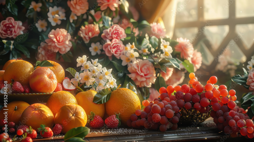 A lush still life featuring ripe oranges, grapes, and strawberries surrounded by blooming flowers, bathed in warm, natural sunlight A lush still life featuring ripe oranges, grapes, and strawberries surrounded by blooming flowers, bathed in warm, natural sunlight
