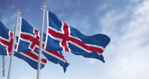 Close-up of three Iceland national flags waving photo