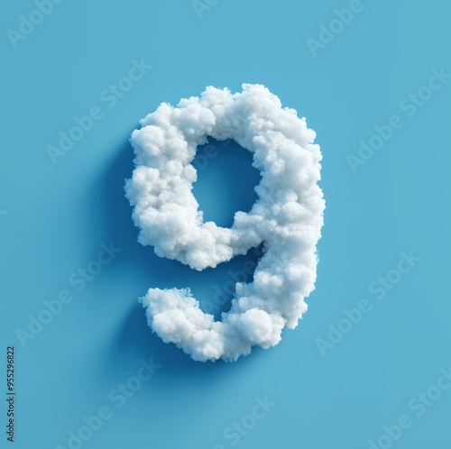 3D Number 9 Formed by Fluffy White Clouds on a Bright Blue Sky Background in Surreal Dreamlike Design