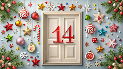 Festive Advent Calendar Door with Number 14 Surrounded by Christmas Ornaments and Candy Decorations