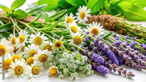 Assortment of fresh herbs like chamomile and lavender on a tilted angle photo