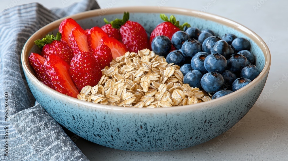 A vibrant bowl featuring fresh strawberries, blueberries, and oats, perfect for a healthy breakfast or snack inspiration. A vibrant bowl featuring fresh strawberries, blueberries, and oats, perfect for a healthy breakfast or snack inspiration.