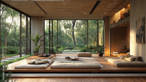 Serene interior with natural light and greenery.