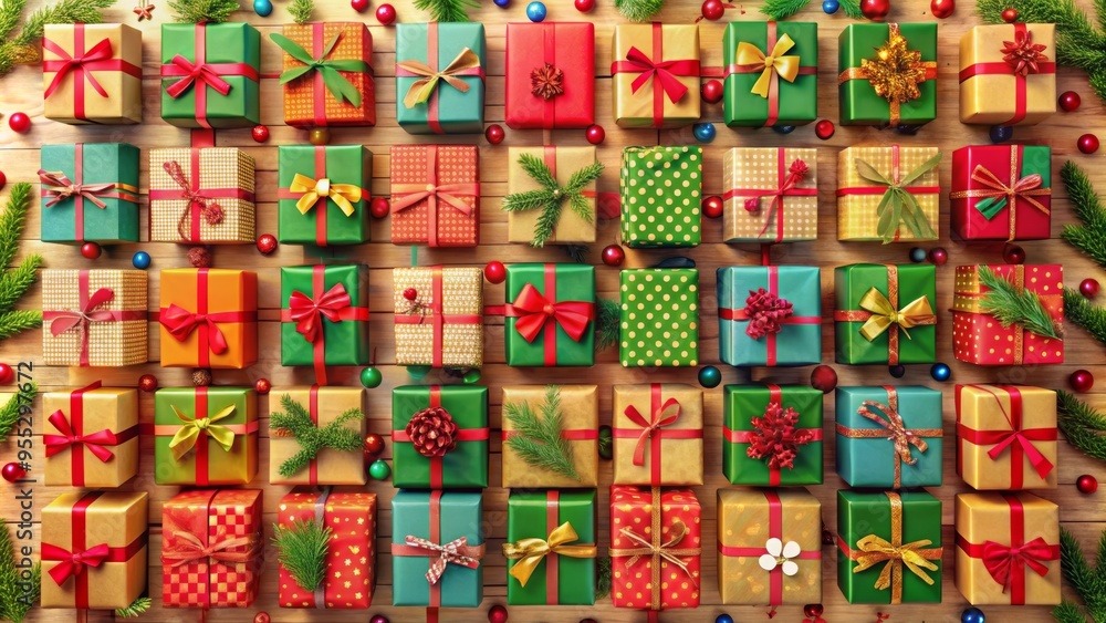 Colorful Christmas Gifts with Ribbons and Bows, Festive Present Arrangement on Wooden Background Colorful Christmas Gifts with Ribbons and Bows, Festive Present Arrangement on Wooden Background