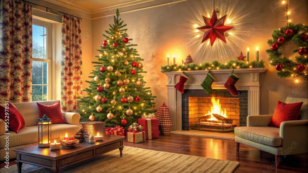 Cozy Holiday Atmosphere: Christmas Tree, Gifts, and Warm Fireplace in Elegant Living Room Cozy Holiday Atmosphere: Christmas Tree, Gifts, and Warm Fireplace in Elegant Living Room