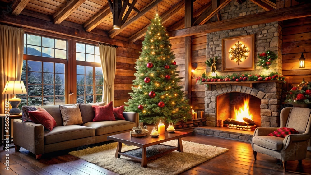 Fototapeta premium Warm and Inviting Christmas Cabin: Lit Fireplace, Festive Tree, and Holiday Decor in Cozy Interior