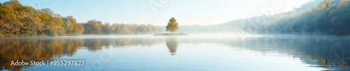 Tranquil Autumn Lake Morning Mist Peaceful Serenity Beautiful Nature Reflection Foliage Dawn Scenic Landscape