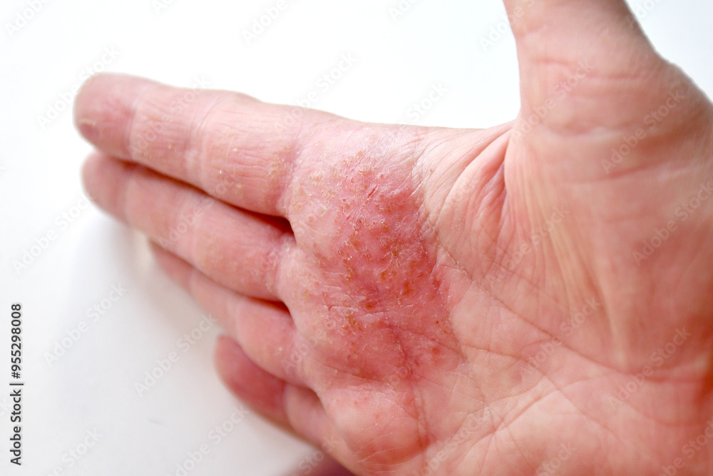 The skin on the palm and fingers is damaged, reddened, cracked and peeling. Dermatological diseases. Skin inflammation. Selective focus. close-up. Eczema, dermatitis, dermatosis, inflammation The skin on the palm and fingers is damaged, reddened, cracked and peeling. Dermatological diseases. Skin inflammation. Selective focus. close-up. Eczema, dermatitis, dermatosis, inflammation