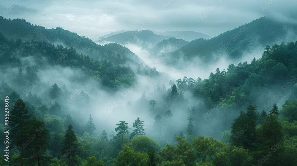 A serene forest blanketed in mist, nestled within a mountainous landscape, creating a tranquil and mysterious natural scene A serene forest blanketed in mist, nestled within a mountainous landscape, creating a tranquil and mysterious natural scene